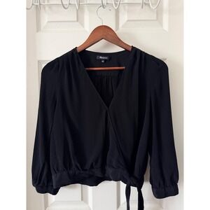 Madewell Black Wrap Top Long Sleeve V-Neck Side Tie Blouse Size L
